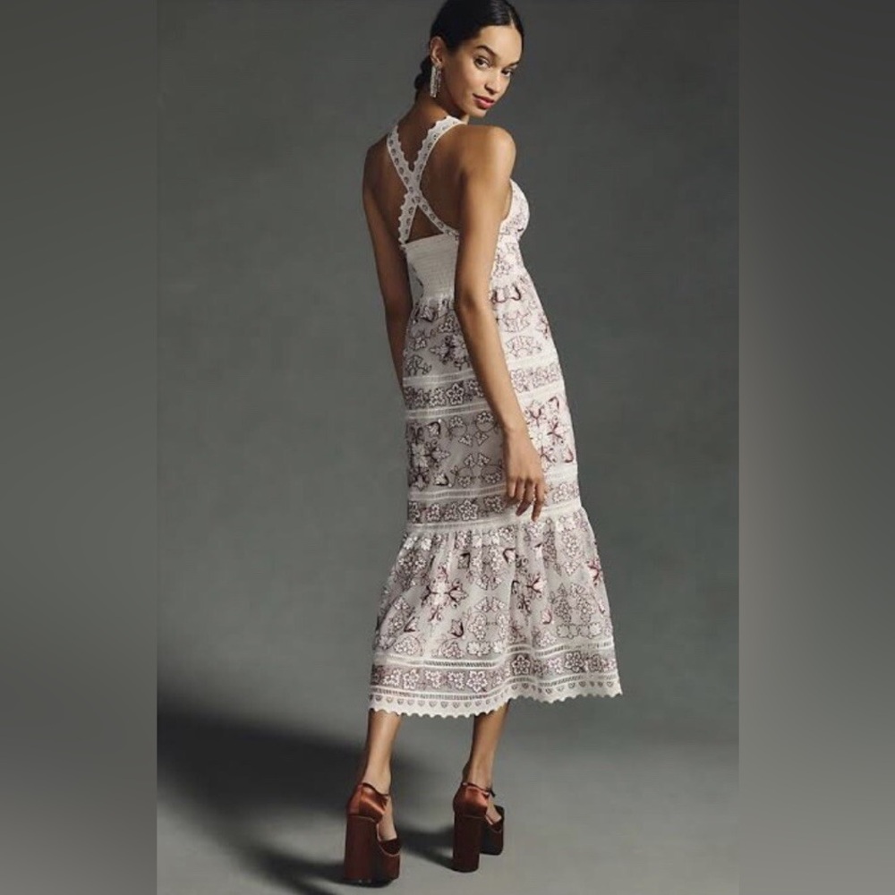 Anthropologie Tiered V-Neck Embroidered Midi Floral Dress Small Petite - Picture 3 of 16